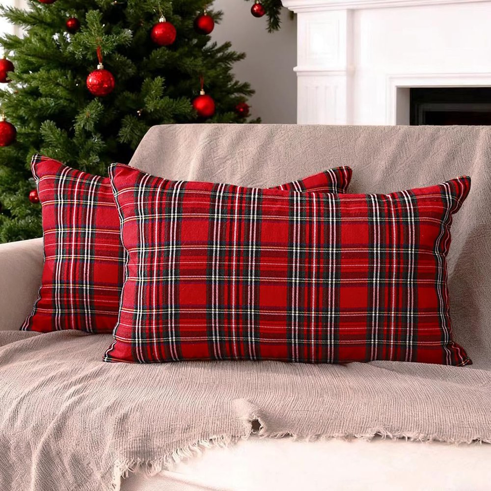 CARRIE HOME Red Tartan Plaid Christmas Lumbar Pillow Covers 12x20 Set of 2 Red Scottish Xmas Lumbar Throw Pillows Traditional Christmas Decor for Living Room Couch Sofa
