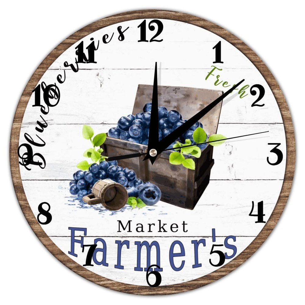 Modern Round Wall Clock Fresh Blueberry Farmer's Market PVC Wall Clocks for Kitchen, Office, Retro Hanging Clock, 12 Inches