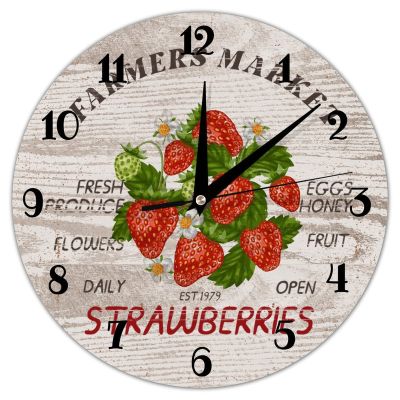 Modern Round Wall Clock Farmers Market Strawberries PVC Wall Clocks for Kitchen, Office, Retro Hanging Clock, 12 Inches