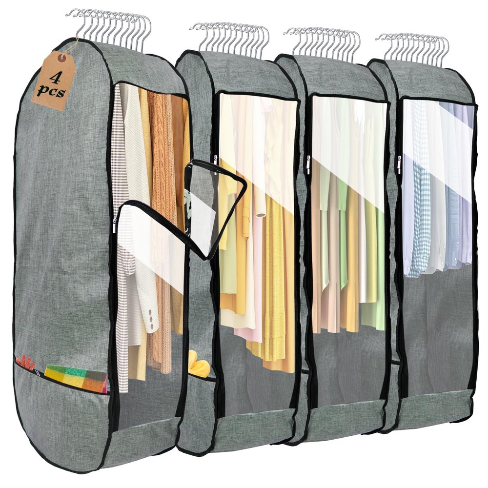 4PCS Garment Bags for Hanging Clothes,Chakera Large Breathable Garment Bag for Closet Storage with 10Gusseted,Clear Clothing Storage Garment Cover for Dress Sweater with Double Zipper,Grey