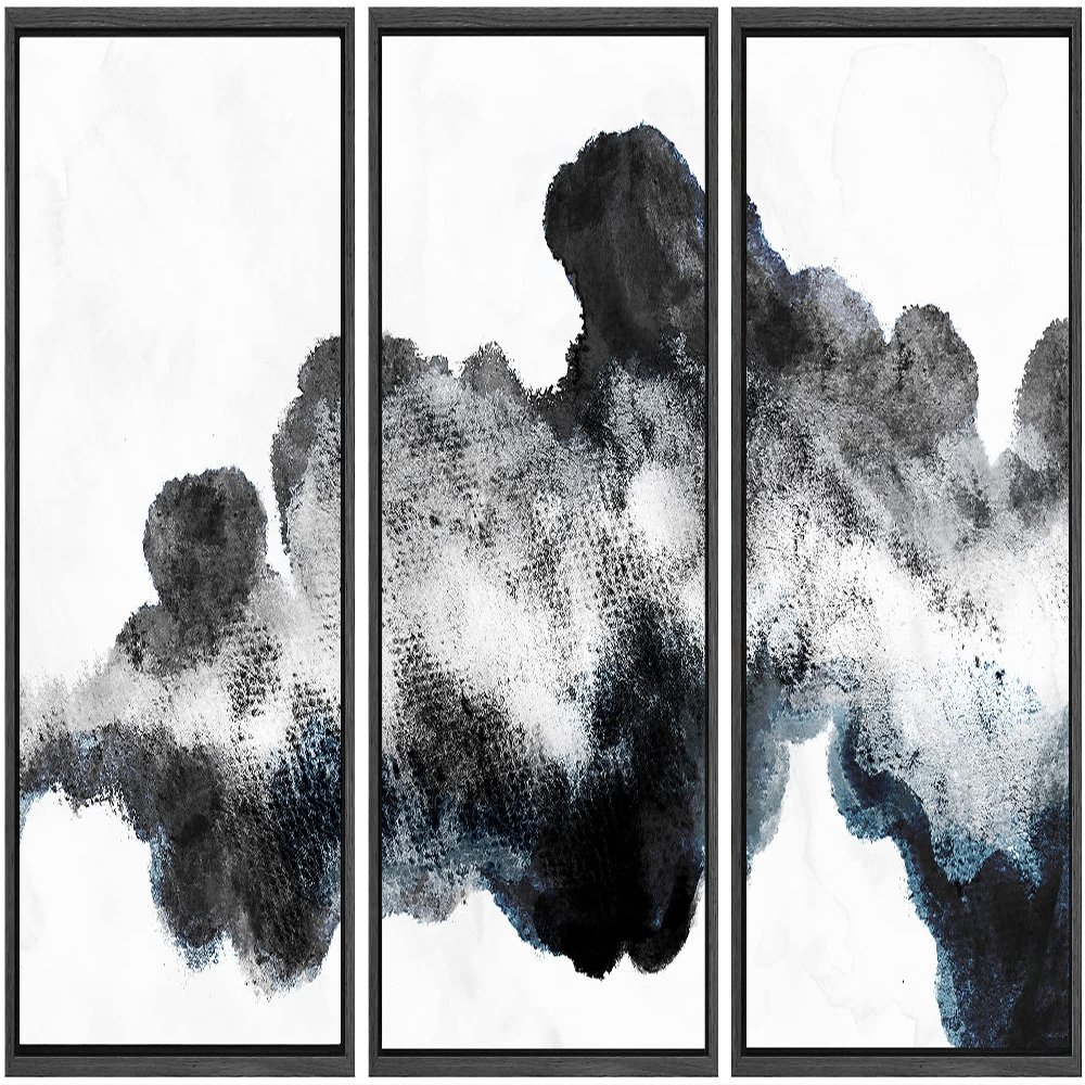 SIGNWIN Framed Canvas Print Wall Art Set Dark Black Smoke Geometric Waves Abstract Shapes Illustrations Modern Art Decorative Nordic Zen Chic for Living Room, Bedroom, Office - 16"x24"x3 Black