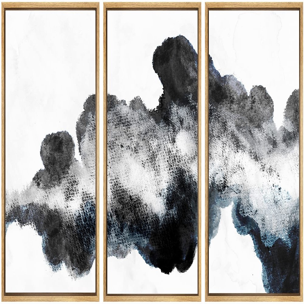 SIGNWIN Framed Canvas Print Wall Art Set Dark Black Smoke Geometric Waves Abstract Shapes Illustrations Modern Art Decorative Nordic Zen Chic for Living Room, Bedroom, Office - 16"x24"x3 Natural
