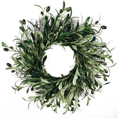 20 Inches Artificial Olive Leaves Wreath, Faux Green Wreath with Olive Fruits, Front Door Wreath Silk Greenery Garland for Wedding Festival Farmhouse Office Wall Window Home Decor