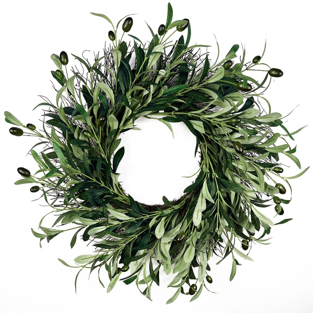 20 Inches Artificial Olive Leaves Wreath, Faux Green Wreath with Olive Fruits, Front Door Wreath Silk Greenery Garland for Wedding Festival Farmhouse Office Wall Window Home Decor