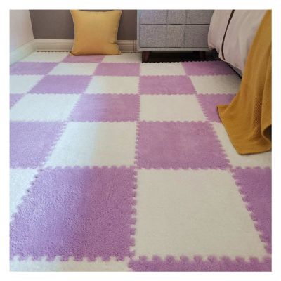 12" X 12" Interlocking Floor Tiles, Fluffy Plush Carpet Foam Mats, Puzzle Exercise Floor Mat, Area Rug for Living Room Bedroom Decor, 11Mm Thick Foam,White+Purple,40Pcs