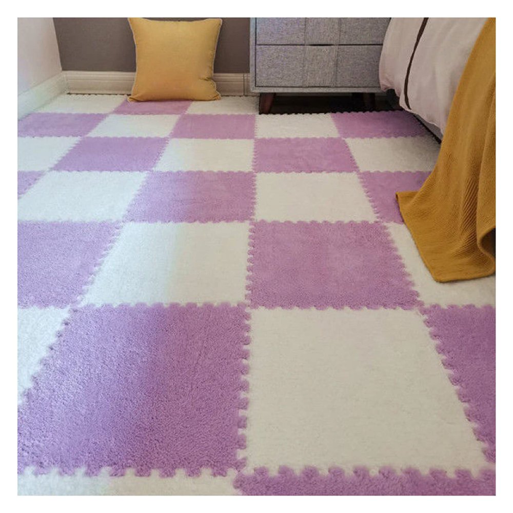 12" X 12" Interlocking Floor Tiles, Fluffy Plush Carpet Foam Mats, Puzzle Exercise Floor Mat, Area Rug for Living Room Bedroom Decor, 11Mm Thick Foam,White+Purple,40Pcs