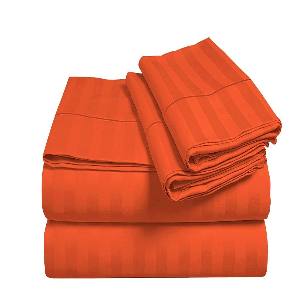 Silver Cotton 1000 Thread Count 4-Piece Rv Sheet Set, RV King Size (72"X80"), 100% Egyptian Cotton Breathable, Soft & Silky Fits Upto 12" Inches Deep Pocket Stripe Orange