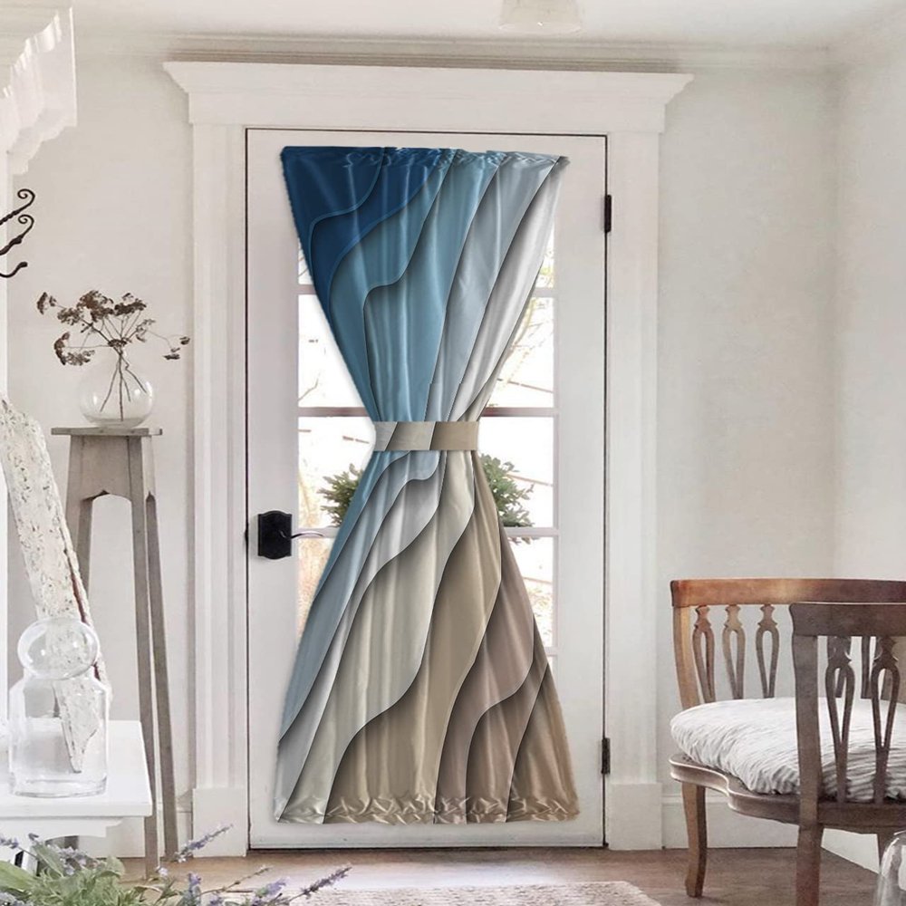 Blackout Door Curtain, Blue Brown Ombre Cream French Door Curtain Insulated Door Window Covering, Modern Geometric Aesthetic Privacy Door Window Curtains for Patio Sliding Glass Door 72"Lx25"W