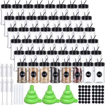 Mimorou 48 Pcs Clear Plastic Spice Jars Spice Bottles with Shaker Lids Plastic Seasoning Containers with Chalk Labels Chalk Marker Collapsible Funnel Brush Storage Containers for Kitchen Cabinet