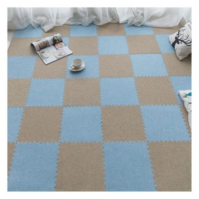 10Pcs Cotton Linen Interlocking Foam Floor Mat, Soft Foam Play Mat,Non-Slip Floor Mat for Crawling and Playing Playmat, 12X12x0.4Inch,Khaki+Light Blue