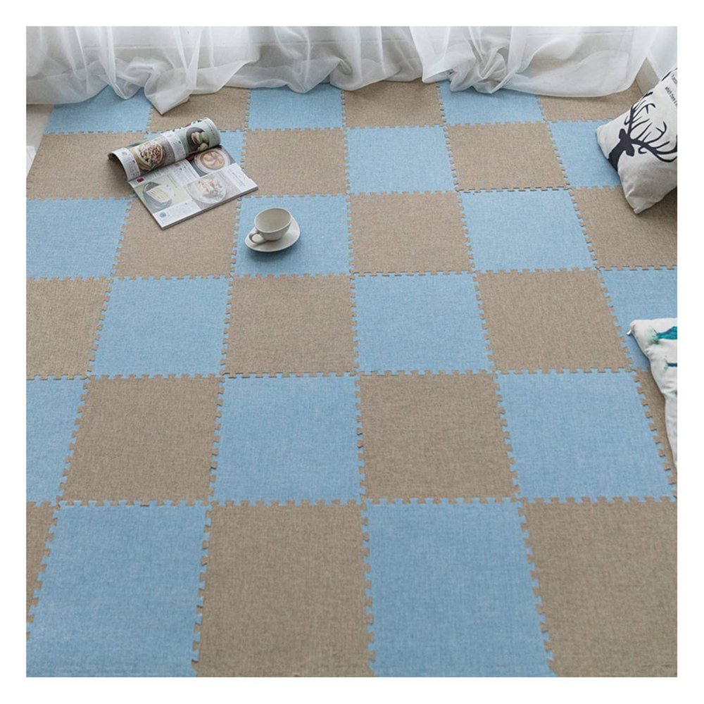 10Pcs Cotton Linen Interlocking Foam Floor Mat, Soft Foam Play Mat,Non-Slip Floor Mat for Crawling and Playing Playmat, 12X12x0.4Inch,Khaki+Light Blue