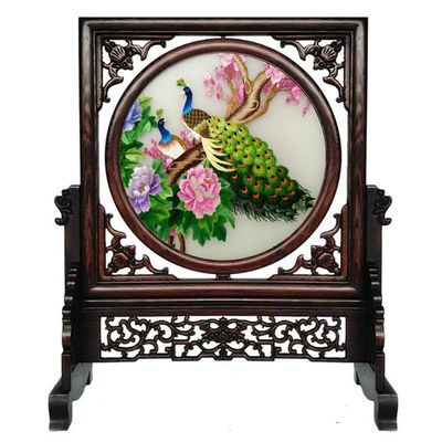 Chinese Rotate Table Screen Ornaments for Home Living Room Decorative Items Handmade Double Side Fine Su Embroidery Silk Crafts Wenge Frame with Gift Box (Peacock)