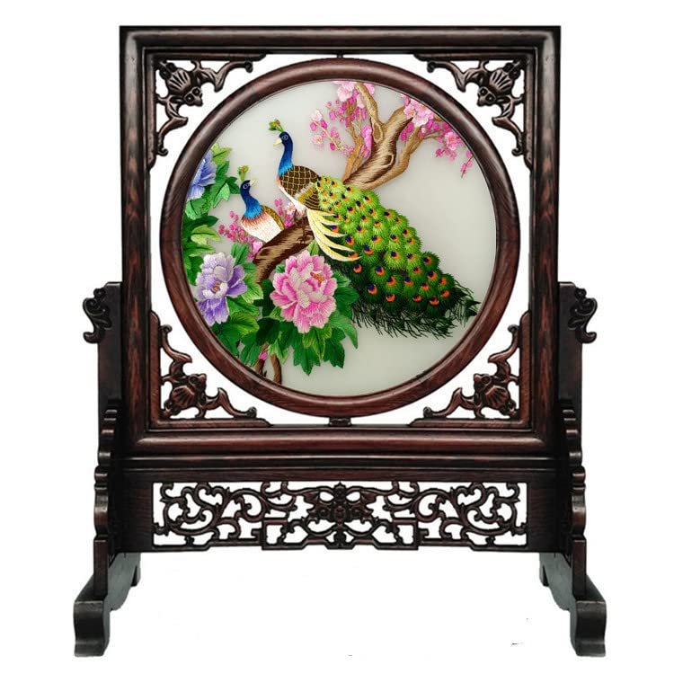 Chinese Rotate Table Screen Ornaments for Home Living Room Decorative Items Handmade Double Side Fine Su Embroidery Silk Crafts Wenge Frame with Gift Box (Peacock)