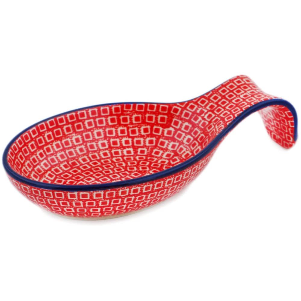 Polmedia Polish Pottery Spoon Rest UNIKAT - Red Squares Pattern Handmade in Boleslawiec Poland by Ceramika Artystyczna + Certificate of Authenticity