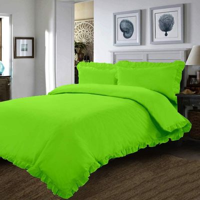 Duvet Cover - 1 Frilled Duvet Cover with Ruffle Edge Corners - Parrot Green, Twin - 100% Cotton 800 Thread Count - 1 PC Comforter Cover/Protective Cover