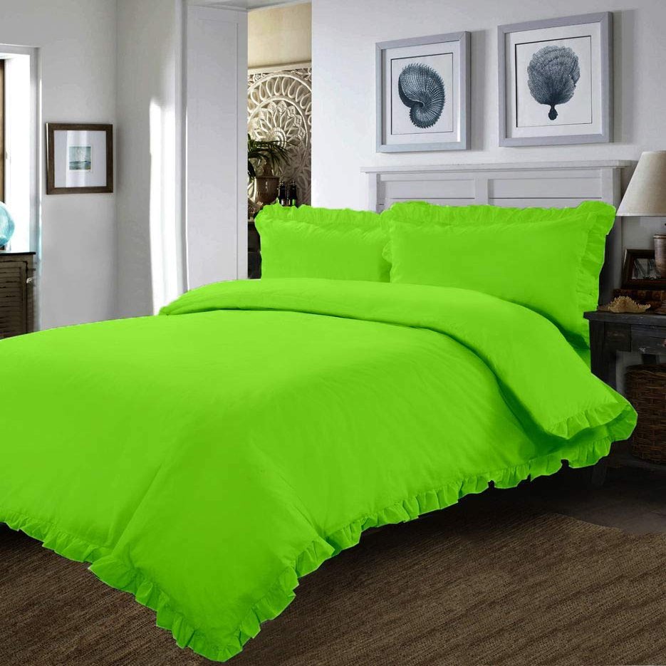 Duvet Cover - 1 Frilled Duvet Cover with Ruffle Edge Corners - Parrot Green, Twin - 100% Cotton 800 Thread Count - 1 PC Comforter Cover/Protective Cover
