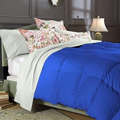 1 PC Box Stitched Royal Stripe Comforter | Queen/FullSize-All Season Goose Down Feather 100% Egyptian Cotton Yarns- 500 GSM Fill Weight Ultra Soft,Cloud Fluffy Duvet Insert with Corner Tabs