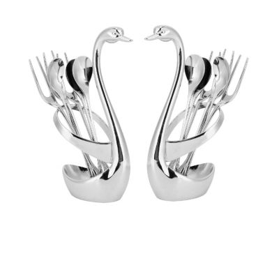 Beufee 14Pcs Mteal Dessert Cutlery Set, Zinc Alloy Dinnerware Silver Coffee Spoon Set Swan Holder Tableware with 6spoons 6 Forks Home Decoration