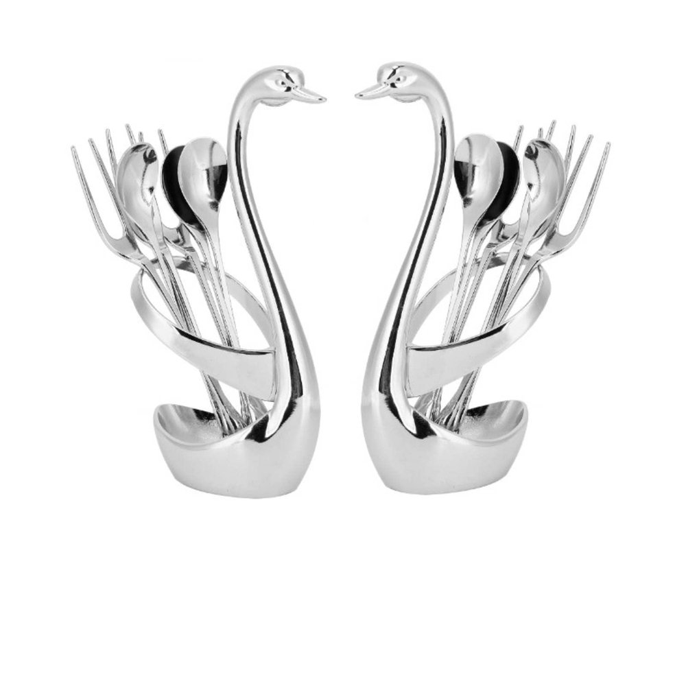 Beufee 14Pcs Mteal Dessert Cutlery Set, Zinc Alloy Dinnerware Silver Coffee Spoon Set Swan Holder Tableware with 6spoons 6 Forks Home Decoration