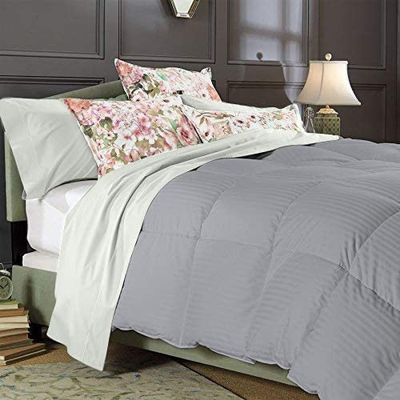1 PC Box Stitched Silver Stripe Comforter | Oversized King-All Season Goose Down Feather 100% Egyptian Cotton Yarns- 500 GSM Fill Weight Ultra Soft,Cloud Fluffy Duvet Insert with Corner Tabs