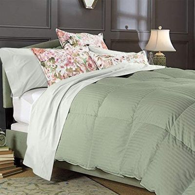 1 PC Box Stitched Sage Stripe Comforter | California King/King-All Season Goose Down Feather 100% Egyptian Cotton Yarns- 500 GSM Fill Weight Ultra Soft,Cloud Fluffy Duvet Insert with Corner Tabs