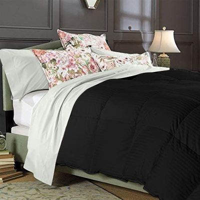 1 PC Box Stitched Black Stripe Comforter | Queen/FullSize-All Season Goose Down Feather 100% Egyptian Cotton Yarns- 500 GSM Fill Weight Ultra Soft,Cloud Fluffy Duvet Insert with Corner Tabs