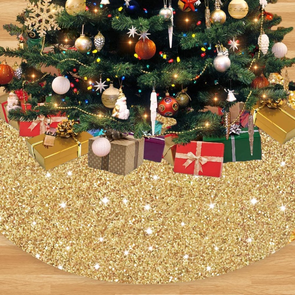 36 Inch Christmas Tree Skirt Gold Sparkly Sequins Christmas Tree Skirt Soft Velvet Xmas Tree Skirt Unique Christmas Decor for All Seasons Round Sequined Tree Blanket Shiny Gold Christmas Tree Base