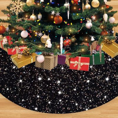 Black Christmas Tree Skirt 46 Inch Sequined Christmas Tree Skirt Soft Velour Halloween Tree Skirt Mat Sparkle Tree Decoration for Christmas Family Reunion Round Tree Cover Skirt Glittery Tree Blanket