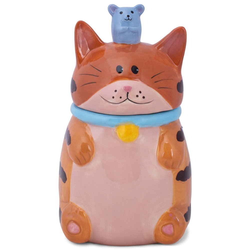 100 North Dolomite Ceramic 10 x 6.3 Everyday Cookie & Candy Jar with Airtight Lid: Perfect for Kitchen Canisters, Pet Treat Containers & Decorative Storage, Orange Tabby Striped Cat and Mouse