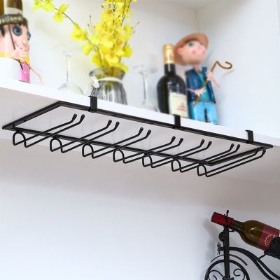 7 slots Wine Glasses Rack, hanging Stemware Hanger, Under Cabinet glassware Organizer, Wine Glass Storage Hanger, Ideal for kitchen, living room, bar (Color : Black)