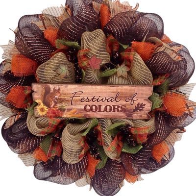 Festival of Colors Deco Mesh Autumn Wreath with Adorable Squirrel Handmade Deco Mesh. Available in 24 inch and 28 inch diameters