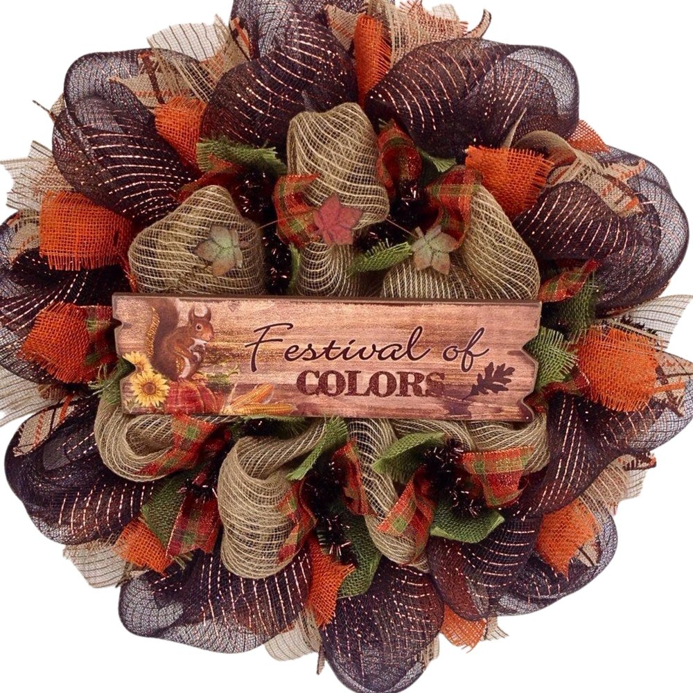 Festival of Colors Deco Mesh Autumn Wreath with Adorable Squirrel Handmade Deco Mesh. Available in 24 inch and 28 inch diameters