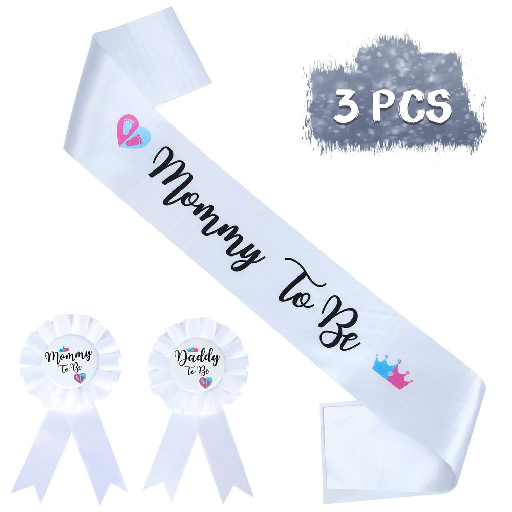 HAPPYLAND Gender Reveal Decorations Sash and Tinplate Badge Mommy to Be and Daddy to Be Baby Shower