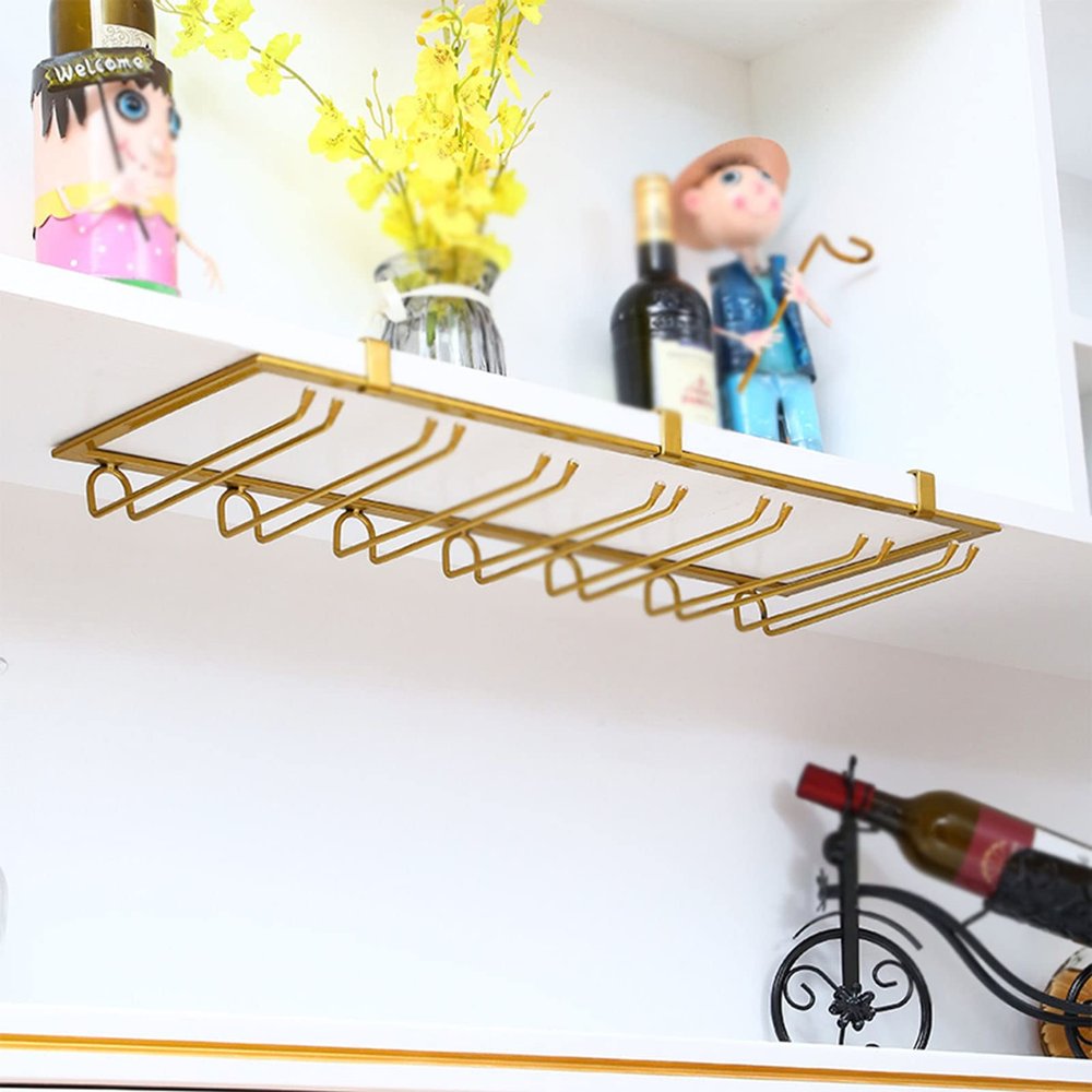 7 slots Wine Glasses Rack, hanging Stemware Hanger, Under Cabinet glassware Organizer, Wine Glass Storage Hanger, Ideal for kitchen, living room, bar (Color : Gold)