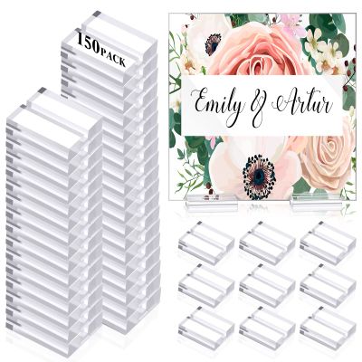 Roowest 150 Pieces Acrylic Place Card Holder 1.2 Inch Clear Acrylic Stands Sign Holders Table Numbers Stands with Card Slot Name Cards Holder for Table Weddings Office Meeting Menu Events