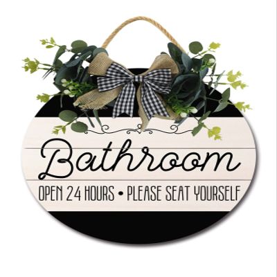 LERJIMUX Bathroom Front Door Sign Funny Wreaths Hanging Wooden Plaque Decoration Round Rustic Wood Farmhouse Porch Decor for Home Front Door Decor, 11 x 11 Inch