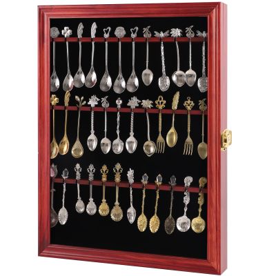 COMSREV 36 Souvenir Tea Spoon Display Case Collection Collector Rack Wall Mount Wooden w/98% UV Acrylic Door Lockable (Cherry)