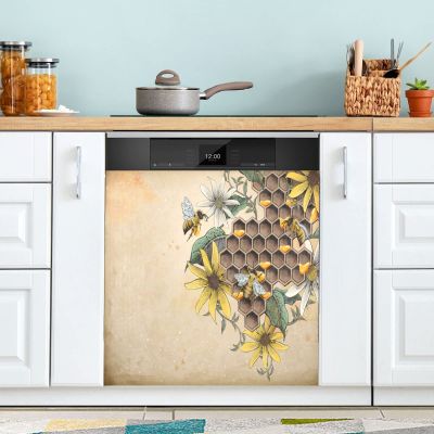 ALAZA Honey Bee Sunflower Vintage Dishwasher Magnet Cover Sticker Decorative Refrigerator Magnet Panel Decal Cover for Home Kitchen Appliance Decor