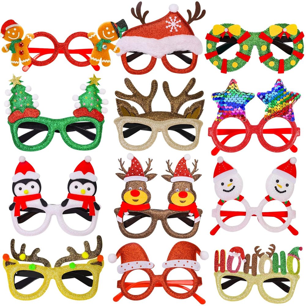 Thuodo 12Pcs Christmas Glasses Glitter Party Glasses Frames Costume Eyeglasses for Christmas Party Holiday Photo Booth Novelty Glasse(One Size Fits All)