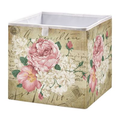 Bolaz Vintage Shabby Chic Pink Rose Flowers Closet Organizers Storage Cubes Storage Bins Shelf Baskets Containers for Home Kids Room Toys Office,Square