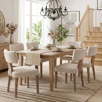 Wahson Farmhouse Dining Chairs Set of 6, Beige Upholstered Mid Century Modern Kitchen Chairs with Natural Wooden Legs, Linen Fabric Dining Chairs with Curved Wingback for Living Room Bedroom