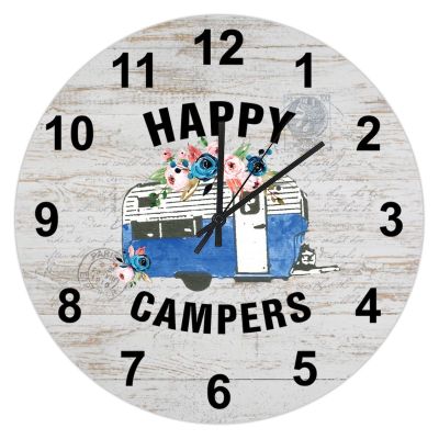 Gift for Camping Lovers Happy Camper Wooden Wall Clock Cute Airstream Camper Travel Trailer Round Clock Battery Operated Silent 10-Inch Non Ticking Clock for Living Room, Kitchen, Home, Bathroom