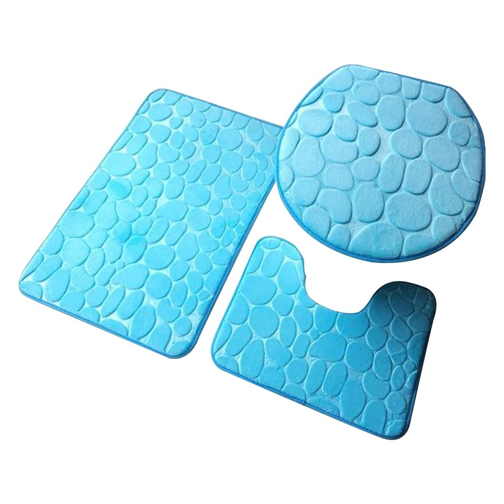 1 Set Bath Mats for Bathroom Non Slip, Cobblestone Pattern Toilet Lid Cover Super Soft Polyester Foldable Anti-skid Bathroom Rug for Bathtubs,Water Absorbent Rain Showers and Under The Sink Sky Blue