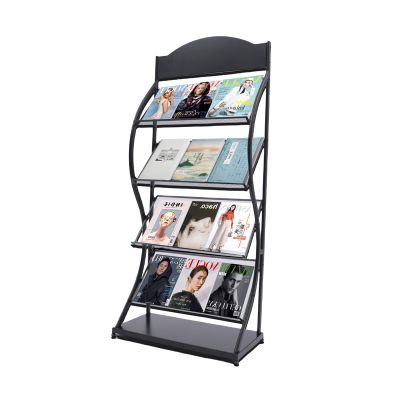 DYRABREST Four-layer Magazine Rack Floor Standing Newspaper and Magazine Display Rack Arc Advertising Sign Board Simple Iron Information Rack (Black)