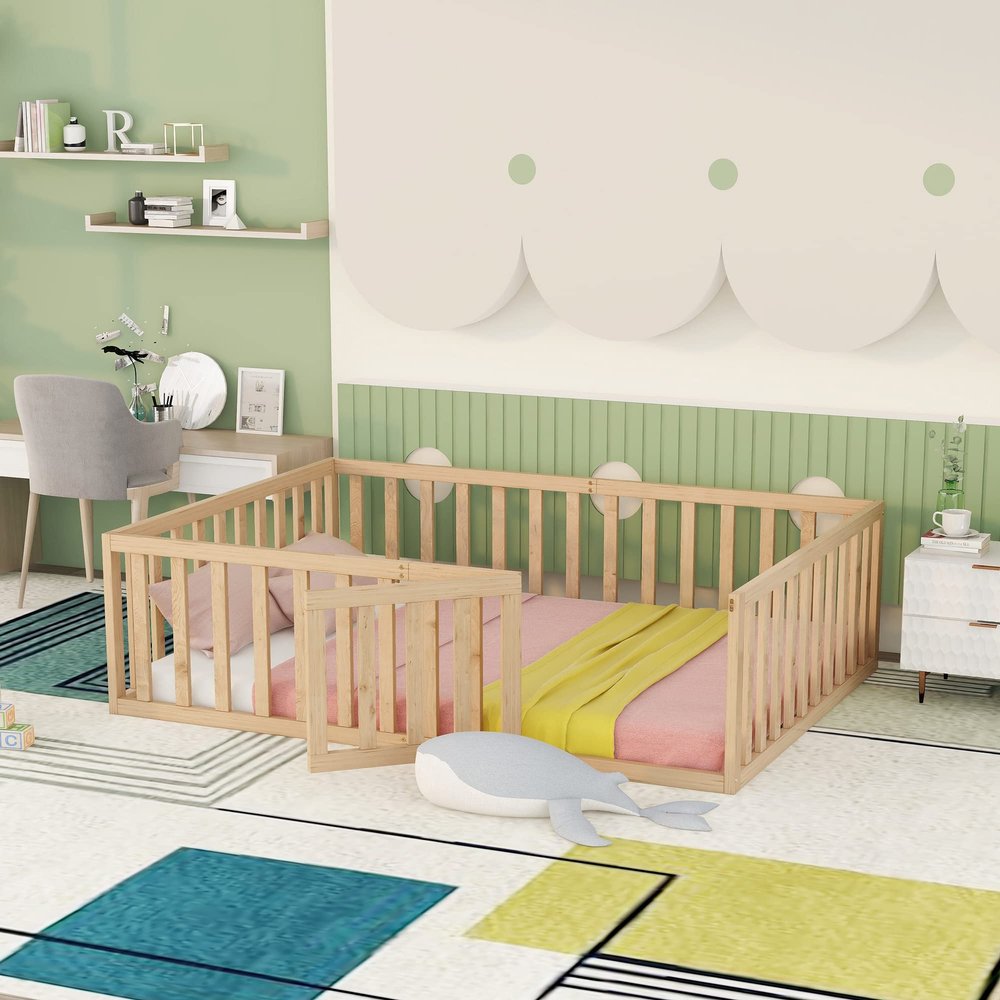 Bellemave Full Size Floor Bed for Kids, Montessori Bed Frame with Fence-Shaped Guardrails and Door, Wooden Floor Full Bed for Kids, Toddler, Boys Girls (Natural, Full Size)