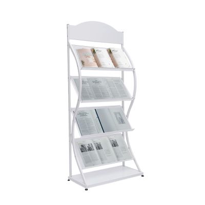 DYRABREST Four-layer Magazine Rack Floor Standing Newspaper and Magazine Display Rack Arc Advertising Sign Board Simple Iron Information Rack (White)