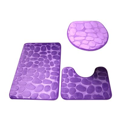 1 Set Bath Mats for Bathroom Non Slip, Cobblestone Pattern Toilet Lid Cover Super Soft Polyester Foldable Anti-skid Bathroom Rug for Bathtubs,Water Absorbent Rain Showers and Under The Sink Purple