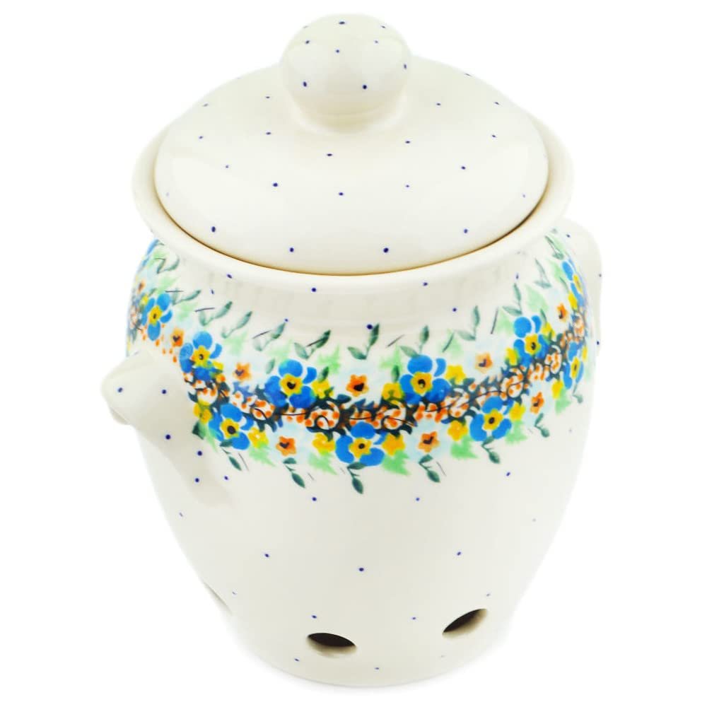 Polmedia Polish Pottery Garlic and Onion Jar UNIKAT - Sweet Blooms Pattern Handmade in Boleslawiec Poland + Certificate of Authenticity