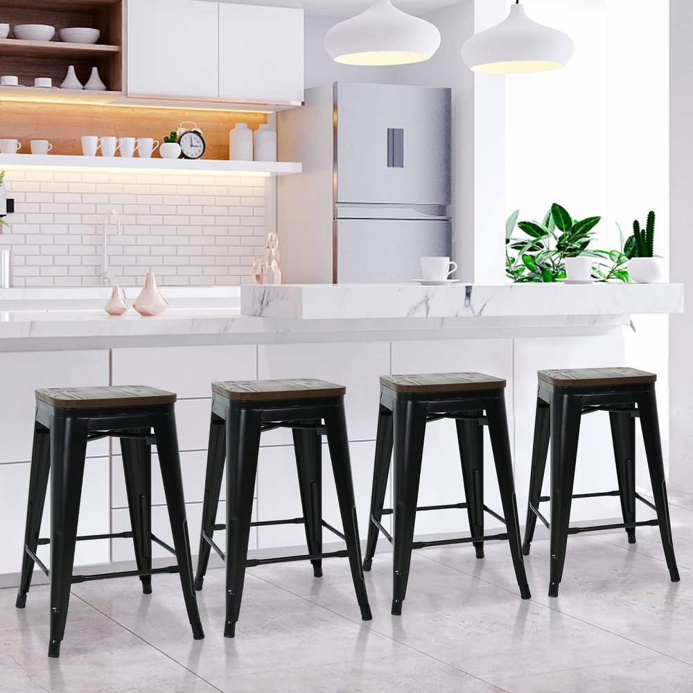24 inch Metal Bar Stools Set of 4 Kitchen Dining Bar Chairs Counter Height Bar Stools Modern Bar Stools Farmhouse Bar Stools High Back Barstools, Black