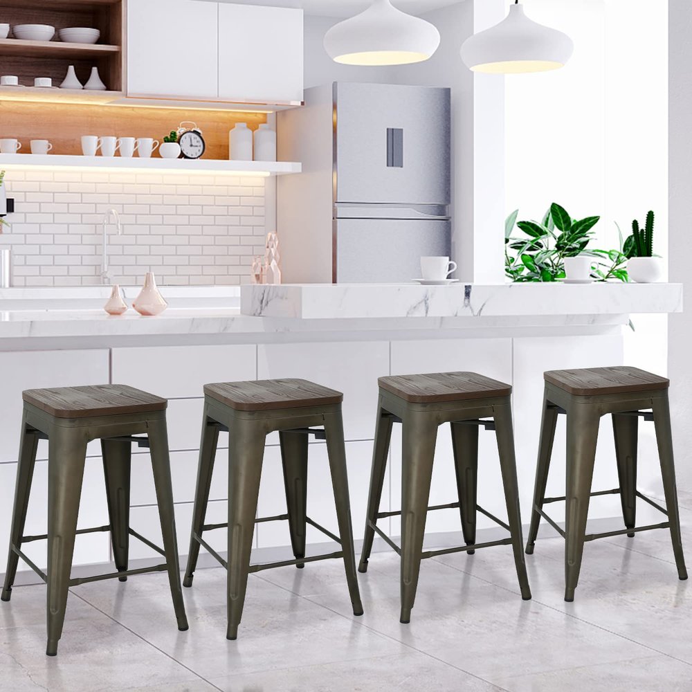 24 inch Metal Bar Stools Set of 4 Kitchen Dining Bar Chairs Counter Height Bar Stools Modern Bar Stools Farmhouse Bar Stools High Back Barstools, Bronze